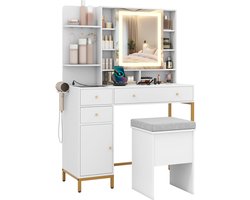 COSTWAY Make-uptafel met led-spiegel, kaptafel en krukset met laadstation, 3-kleuren-verlichting, spiegelkast, laden, open planken en transparant glazen tafelblad, cosmeticatafel, wit