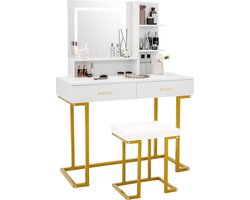 COSTWAY Make-uptafel met ledverlichting, grote spiegel, 2 laden en planken, kaptafel met gestoffeerde kruk, make-uptafel voor slaapkamer, wit + goud