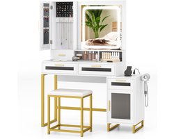 COSTWAY Make-uptafel met ledverlichting, kaptafel met laadstation, sieradenkast, kruk, spiegel, laden, kast, open vakken en haardrogerhouder, cosmeticatafel, wit