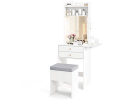 COSTWAY Make-uptafel met verlichting, kaptafel met laadstation, spiegel, laden, planken en inklapbaar tafelblad, kruk met opbergruimte, make-uptafel voor kleine ruimtes, wit