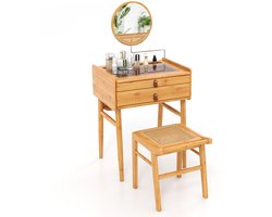 COSTWAY Make-uptafel van bamboe, make-uptafel met verstelbare spiegel, 2 laden en glazen tafelblad, make-uptafel, kaptafel, voor slaapkamer, natuur, 60 x 46,5 x 125 cm