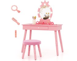 COSTWAY Make-uptafel voor kinderen, met verlichting, 2-in-1 kaptafel prinses met afneembare spiegel en lade, houten kaptafel met kruk, voor meisjes van 3 tot 7 jaar, roze