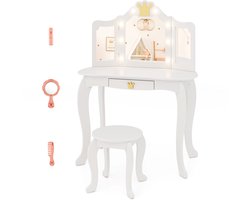 COSTWAY Make-uptafel voor kinderen, met verlichting, kaptafel voor meisjes met drievoudig inklapbare spiegel en lade, make-uptafel van hout met kruk, kinderkaptafel set voor kinderen vanaf 3 jaar