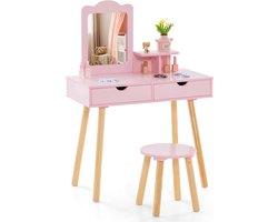 COSTWAY Make-uptafelset, 2-in-1 kaptafel, bureau en kruk met afneembare spiegel, 2 laden, kam, houten make-upcommode voor meisjes van 3 tot 7 jaar (roze)
