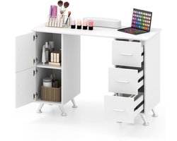COSTWAY Manicuretafel met schuifladen, kasten & handpalmsteun, nageltafel met acetonbestendige tafelplaat, manicure tafel (wit)
