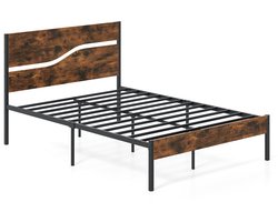 COSTWAY Metalen bedframe voor matrassen van 200 x 140 cm, industrieel platformbed met houten hoofdeinde en voeteneinde, lattenbodem en opbergruimte onder het bed, dubbel bedframe, rustiek bruin