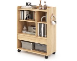 COSTWAY mobiele rolcontainer met lade, bureaukast met verstelbare planken, open vakken en haken, archiefkast op wielen voor woonkamer, werkkamer, kantoor (natuur)