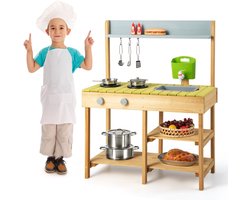 COSTWAY Modderkeuken voor buiten, kinderkeuken, hout met waterfunctie, speelkeuken met haak en afneembaar rek, tuinkeuken, cadeaus voor kinderen vanaf 3 jaar