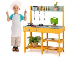 COSTWAY Modderkeuken voor kinderen, outdoor, kinderkeuken, hout met waterfunctie, speelkeuken met haak en afneembaar rek, tuinkeuken, cadeaus voor kinderen vanaf 3 jaar