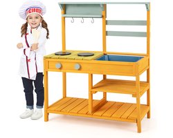 COSTWAY Modderkeuken voor kinderen, outdoor, kinderkeuken, hout met waterfunctie, speelkeuken voor kinderen met haak en afneembaar rek, tuinkeuken, cadeaus voor kinderen vanaf 3 jaar