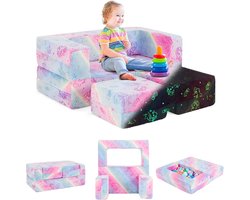 COSTWAY Modulaire kinderbank, lichtgevende speelbank, modulaire bank met afneembare en machinewasbare flanellen hoes, peuterbank voor speelkamer en kinderkamer