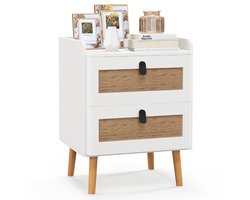 COSTWAY Nachtkastje met 2 laden, moderne bijzettafel, nachtkastje met massief houten poten, nachtkastje in boho-stijl, voor woonkamer, slaapkamer, 40 x 45 x 57 cm, wit