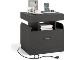 COSTWAY Nachtkastje met 2 stopcontacten, 1 USB, 1 Type-C, geheim vak, bijzettafel met lade, nachtkastje met open vakken, salontafel voor woonkamer, slaapkamer, 50 x 40 x 55 cm (Zwart)