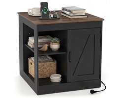 COSTWAY Nachtkastje met laadstation, bijzettafel met verstelbaar schap, open vakken, kast, houten nachtkastje, banktafel voor woonkamer, slaapkamer (Zwart + Naturel)