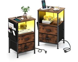 COSTWAY Nachtkastje met led en laadstation, set van 2 bijzettafel met 2 laden en zijvakken, nachtkastje met USB-poorten en stopcontacten, 38 x 30 x 60 cm