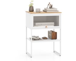 COSTWAY Nachtkastje metalen frame, bijzettafel met doorzichtige klapdeur, lade en open plank, nachtkastje modern, banktafel voor woonkamer, slaapkamer, hout, 40 x 32 x 56 cm (wit)
