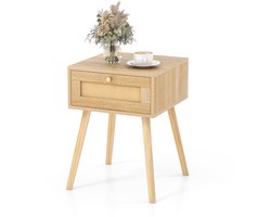 COSTWAY Nachtkastje, rotan, bijzettafel met lade, nachtkastje, voor slaapkamer, woonkamer, eiken, 40 x 40 x 55 cm