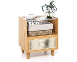 COSTWAY Nachtkastje Rotan Nachtkastje van Bamboe met Lade Bijzettafel met Glazen Tafelblad en Open Vak Sofatafel 43 x 35 x 50 cm Natuurlijke