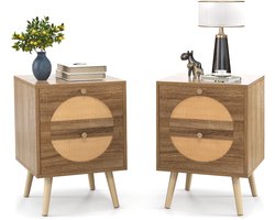 COSTWAY Nachtkastje rotan set van 2, nachtkastje met 2 laden, bijzettafel met poten van massief hout, sofatafel, nachtkastje in boho-stijl voor slaapkamer, woonkamer, 40 x 40 x 56 cm