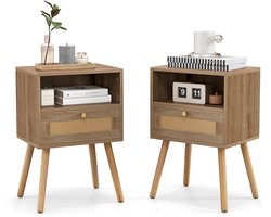 COSTWAY Nachtkastje rotan set van 2, nachtkastje met lade en open vak, bijzettafel met massief houten poten, nachtkastje in boho-stijl, salontafel voor slaapkamer, woonkamer, 40 x 30 x 60,5 cm