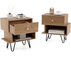 COSTWAY Nachtkastje, set van 2, nachtkastje met lade en open vak, bijzettafel met metalen poten, banktafel, nachtkastje voor slaapkamer en woonkamer, 44 x 29 x 47 cm