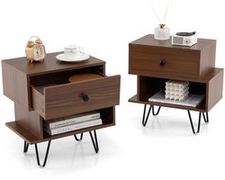 COSTWAY Nachtkastje, set van 2, nachtkastje met lade en open vak, bijzettafel met metalen poten, banktafel, nachtkastje voor slaapkamer en woonkamer, 44 x 29 x 47 cm, walnoot