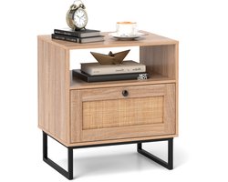 COSTWAY Nachtkastje van rotan, nachtkastje met lade en open vak, bijzettafel, banktafel, nachtkastje in boho-stijl voor slaapkamer, woonkamer, 48 x 39 x 54,5 cm