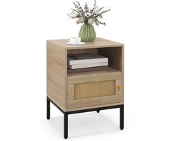 COSTWAY Nachtkastje van rotan, nachtkastje met open plank en kast, bijzettafel, sofatafel, nachtkastje in boho-stijl voor slaapkamer, woonkamer, 40 x 40 x 57 cm (natuur)