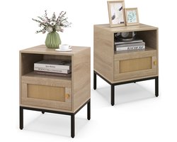 COSTWAY Nachtkastje van rotan, set van 2, nachtkastje met open plank en kast, bijzettafel, banktafel, nachtkastje in boho-stijl voor slaapkamer, woonkamer, 40 x 40 x 57 cm (natuur)