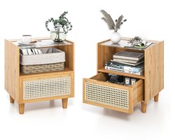 COSTWAY Nachtkastje van rotan, set van 2 stuks, bamboe met lade, bijzettafel met glazen tafelblad en open vak, banktafel, boho-nachtkastje, voor slaapkamer, woonkamer, 43 x 35 x 50 cm