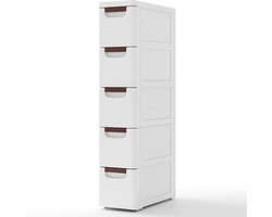 COSTWAY Nisenkast smal met wielen, nisrek 20 cm breed, niswagen met 5 laden, badkamerrolwagen voor badkamer, klaslokaal, studio & salon, wit, 42 x 19 x 91 cm