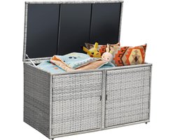 COSTWAY Opbergbox rotan, 333 liter, kussenbox met dubbele deuren, deksel en plank, tuinbox, kistbank, tuinbox, weerbestendig, voor terras, tuin, balkon, 115/215 x 60 x 65 cm (grijs)
