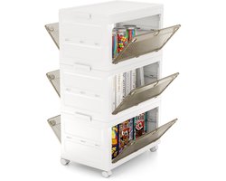 COSTWAY Opbergdoos met deksel, set van 3 stapelboxen, opvouwbaar, opbergdozen met tweeweg-deuren en wielen, opbergdoos, kunststof doos, wit, 126 liter