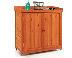 COSTWAY Opbergkast voor Buiten, Houten Tuinhuisje met Verwijderbaar Planken en 4 Universele Wielen, Buiten Werkstation voor Achtertuin, Tuin en Binnen, Natuurlijk