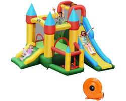 COSTWAY Opblaasbaar springkasteel met 610 W luchtblazer 2 glijbaan springkasteel outdoor bouncer speelkasteel incl. 60 oceaanballen, draagtas, palen, reparatiepakket 330x300x210cm