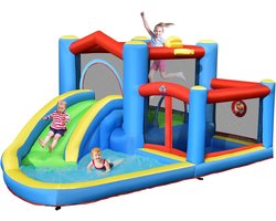COSTWAY Opblaasbaar springkasteel met glijbaan, kinderbadje, outdoor springburg, waterpark voor kinderen, incl. draagtas, 410 x 310 x 191 cm