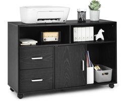 COSTWAY Opslag Archiefkast Met 3 Open Planken, 2 Laden, 5 Zwenkwielen,Deur kast, Grote Tafelblad, Zijdelings Archiefkast & Printerstandaard voor Thuiskantoor, Mobiele Archiefkastr