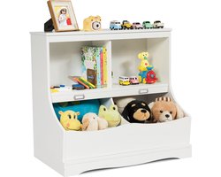 COSTWAY Opslagorganisatie met meerdere bakken, speelgoed organisator met 2 open legvakken en 2 bakken, multifunctionele kinderboekenkast met voeteneinde, voor kinderen meisjes & jongens slaapkamer decor