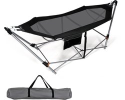 COSTWAY Opvouwbare hangmat met frame en zijzak, hangmatstandaard tot 150 kg belastbaar, draagbaar, inclusief draagtas, voor binnen en buiten, zwart