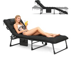 COSTWAY opvouwbare ligstoel, tuinligstoel met kussen, verstelbare rugleuning, zijvak en hoofdsteun, kampeerligstoel, ligstoel, opvouwbaar bed voor tuin, camping, kantoor