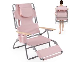 COSTWAY Opvouwbare strandstoel, campingstoel met voeteneinde, verstelbare rugleuning, hoofdsteun, gat voor hoofd en armen, bekerhouder, klapstoel met ligfunctie (roze)