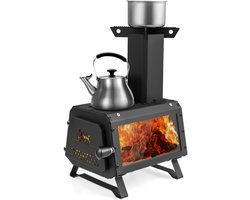 COSTWAY Outdoor Raketoven, 2 kookoppervlakken met kijkvenster en aspan, tentoven voor tuin en camping, kanonoven, houtkachel, campingoven