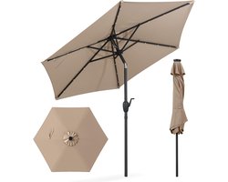 COSTWAY Parasol 230 cm met led-verlichting, tuinparasol met zwengel, aan beide zijden 35° kantelbaar, terrasparasol met 6 ribben, marktscherm voor tuin, balkon, terras (lichtbruin)