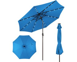 COSTWAY Parasol 300 cm met led-verlichting, parasolvoet niet inbegrepen, tuinparasol met zwengel, aan beide zijden 30° knikbaar, terrasparasol met 8 ribben, marktscherm voor tuin, balkon (blauw)
