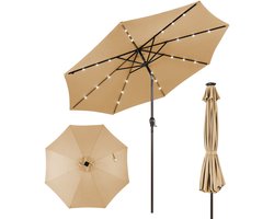 COSTWAY Parasol 300 cm met led-verlichting, tuinparasol met zwengel, aan beide zijden 30° knikbaar, terrasparasol met 8 ribben, marktscherm voor tuin, balkon, terras, beige
