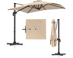 COSTWAY Parasol, rechthoekig, 250 x 250 cm, grote zweefparasol met zwengel, kantelbaar, 360 graden draaibaar, terrasparasol, marktscherm voor tuin, terras, balkon, beige