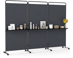COSTWAY Paravent ruimteverdeler op wielen, opvouwbare scheidingswand, 3-delig, met 3 planken en metalen frame, inkijkbescherming voor kantoor, woonkamer, slaapkamer en tuin, 259 x 44 x 188 cm (grijs)