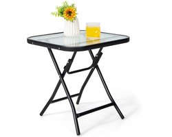 COSTWAY Patio Bistrotafel, 46,5cm Vierkante Eettafel met Roestvrij Frame, Opvouwbare Koffietafel met Gehard Glazen Tafelblad, Draagbare Bistro Tafel voor Patio, Balkon, Achtertuin, Zwembad, Zwart