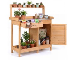 COSTWAY Pflanztafel met laden & onderkast, Tuintafel Outdoor | Weerbestendige tuinwerktafel van hout met gegalvaniseerd werkblad, Bloementafel voor tuin terras binnenplaats, 87x45x120cm (Geel)