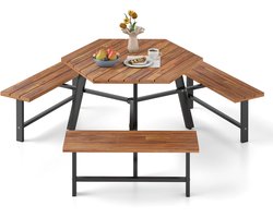 COSTWAY Picknicktafelset voor 6 personen, tuintafel van acaciahout met parasolgat en 3 banken, terrasmeubels, tuinmeubelen, zitgroep, zitgroep voor tuin, terras